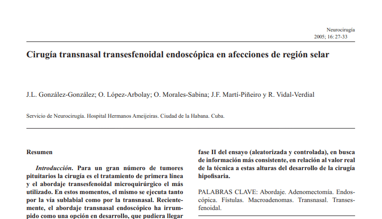 Cirugía Transnasal Transesfenoidal Endoscópica En Afecciones De Region&nbsp;Selar