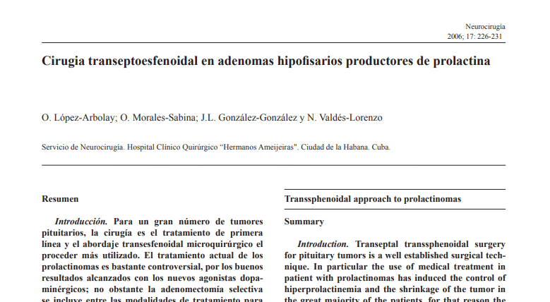 Cirugia Transeptoesfenoidal En Adenomas Hipofisarios Productores De&nbsp;Prolactina